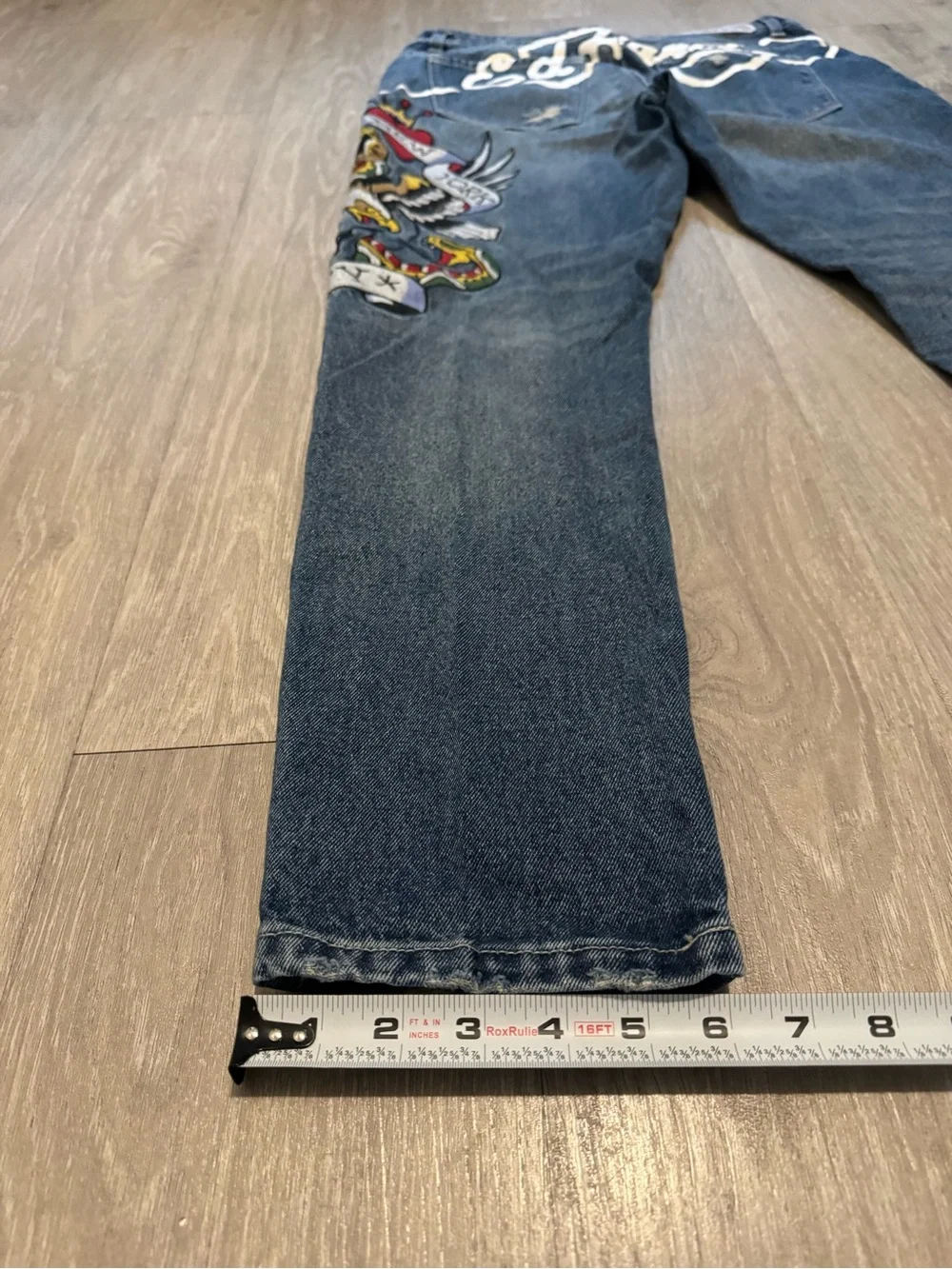 Ed Hardy Blue Slim Straight Jeans with Multicolor Dragon Embroidery